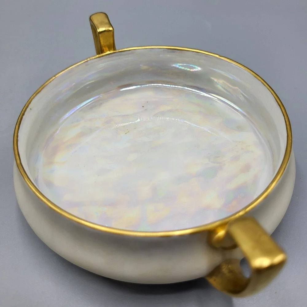 Prov Saxe Germany Trinket Dish Set Vintage Lusterware Gold Trim Footed White